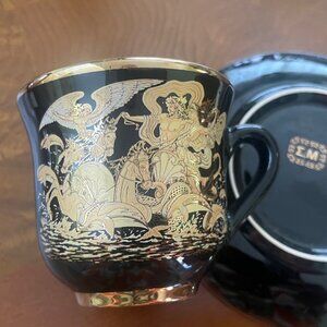 24K Gold TEACUP & SAUCER Hand Made Greece Greek Mythology Prints Gold Black